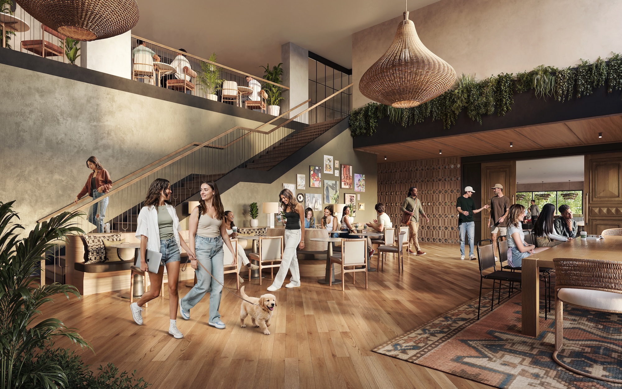 Texas A&M students in the lobby of the The Jay student apartment