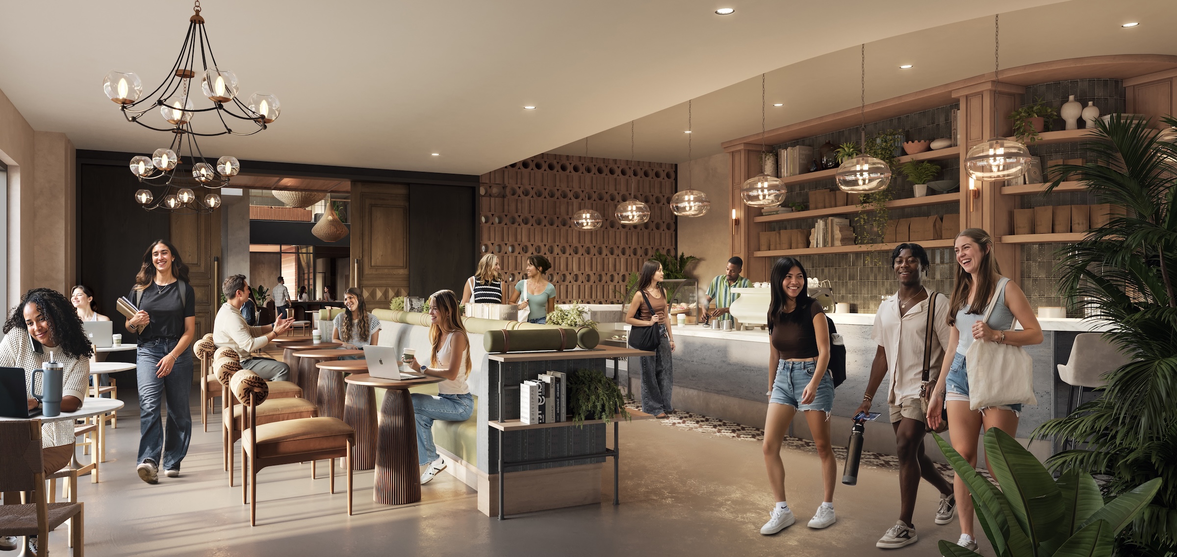 Texas A&M students grabbing a coffee, studying, and socializing at the cafe in The Jay student apartment.