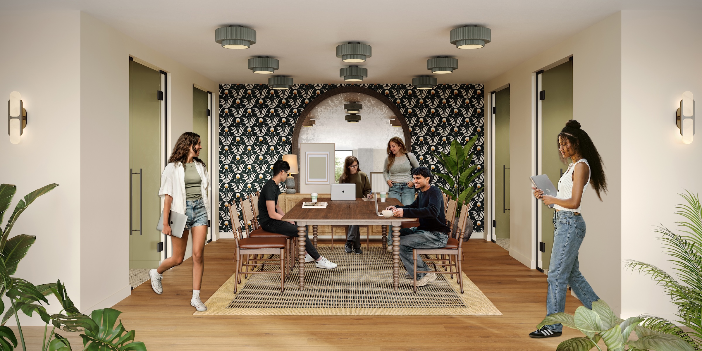 Texas A&M students studying together in one of the coworking spaces at The Jay